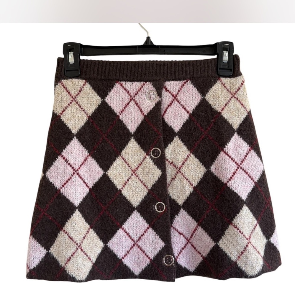 NWOT- Zara-Argyle Patterned Skirt - Pink, Cream, and Brown